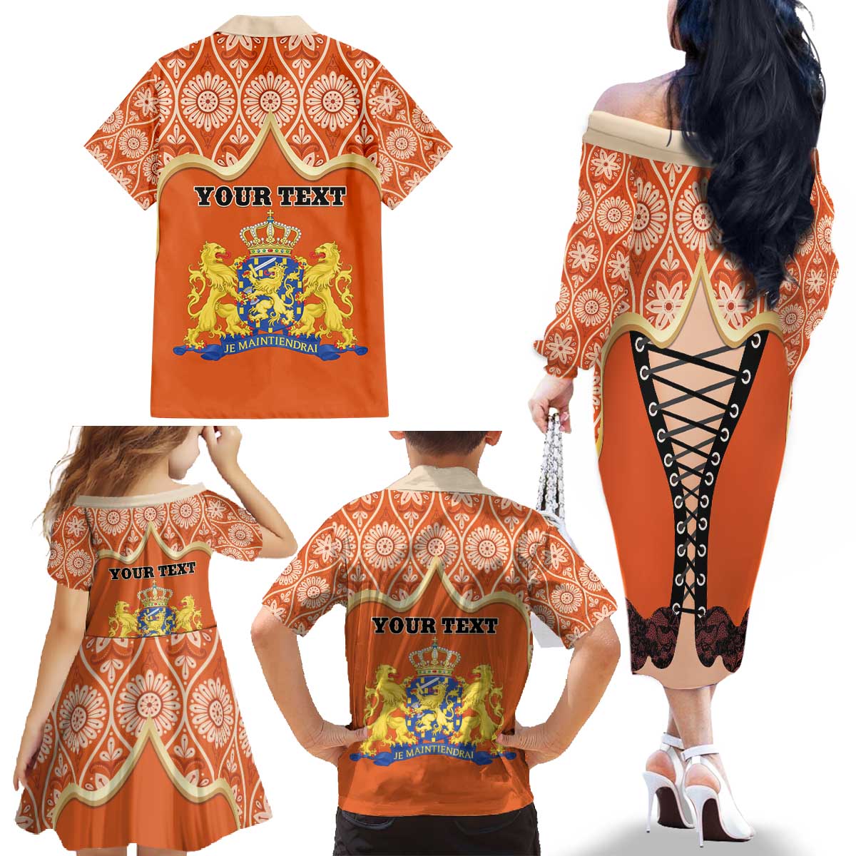 Personalised Netherlands Koningsdag 2025 Family Matching Off The Shoulder Long Sleeve Dress and Hawaiian Shirt King's Day Dutch Costume Spirit