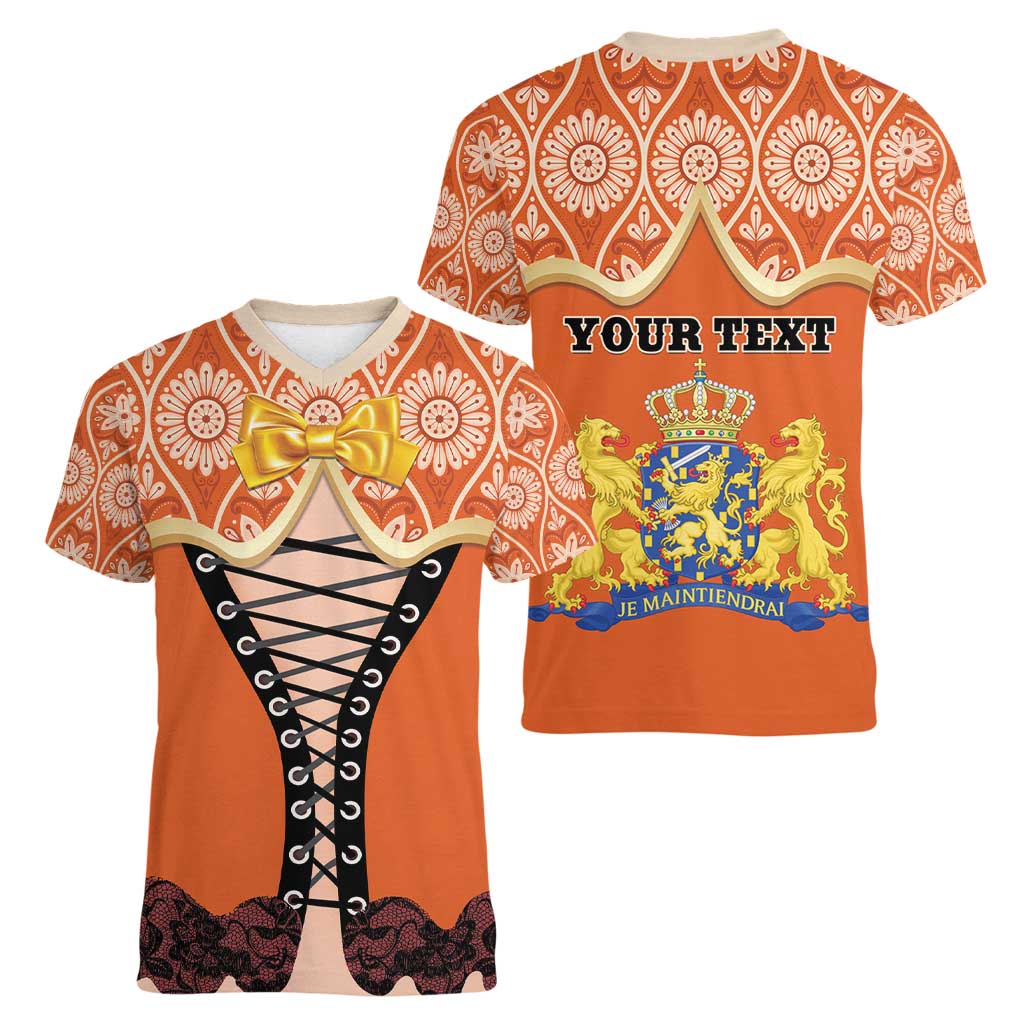 Personalised Netherlands Koningsdag 2025 Women V-Neck T-Shirt King's Day Dutch Costume Spirit