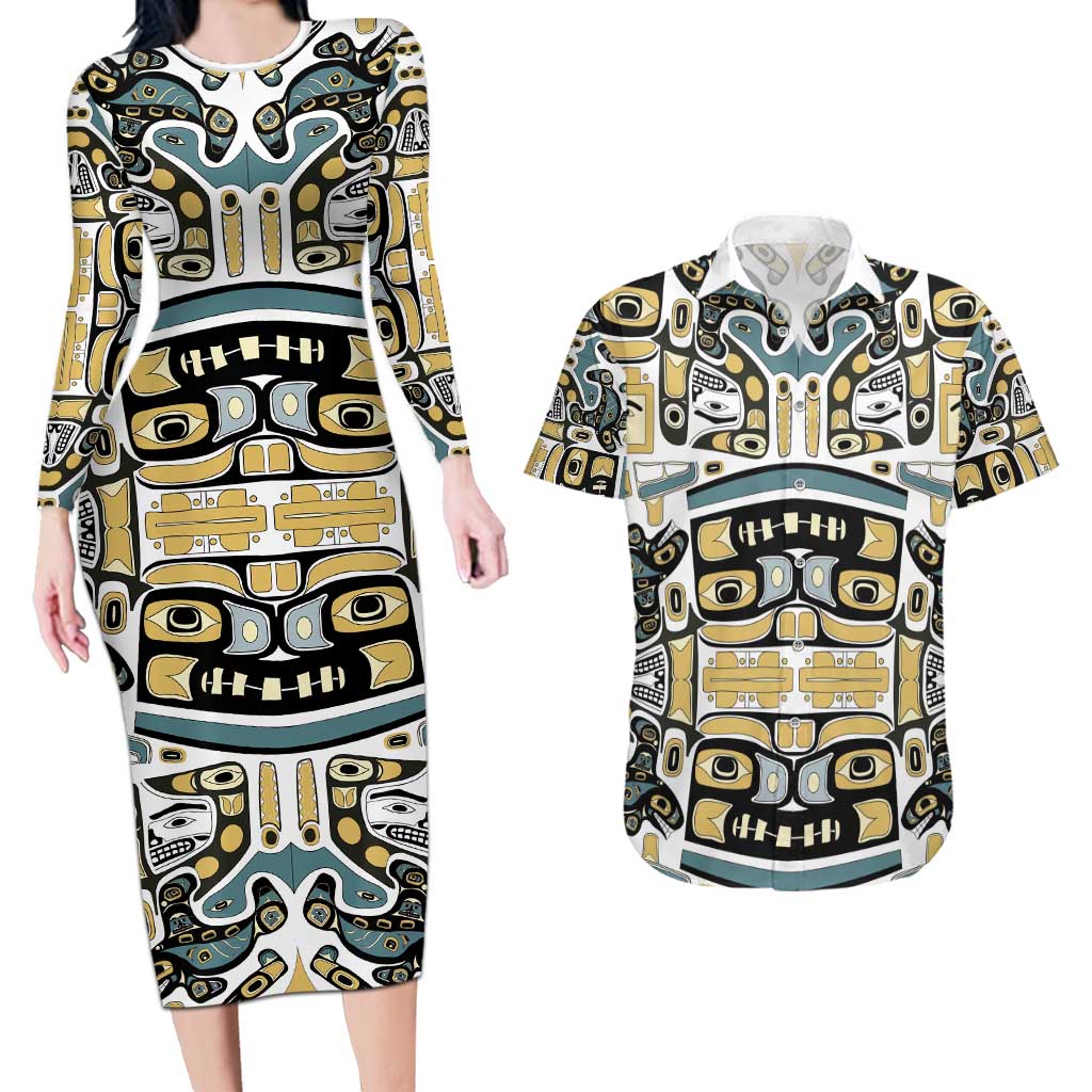 Canada Chilkat Pattern Couples Matching Long Sleeve Bodycon Dress and Hawaiian Shirt Haida Spirit