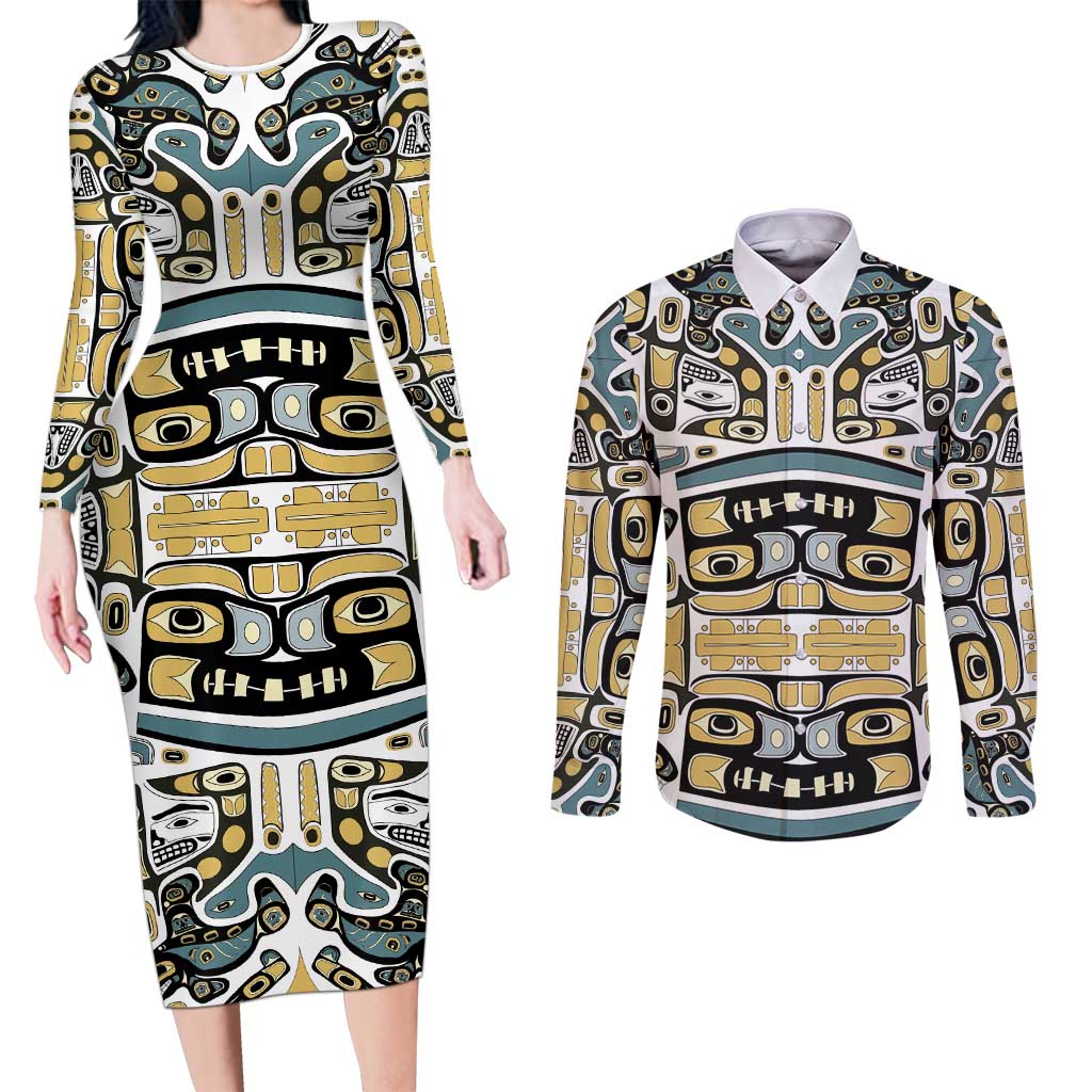Canada Chilkat Pattern Couples Matching Long Sleeve Bodycon Dress and Long Sleeve Button Shirt Haida Spirit