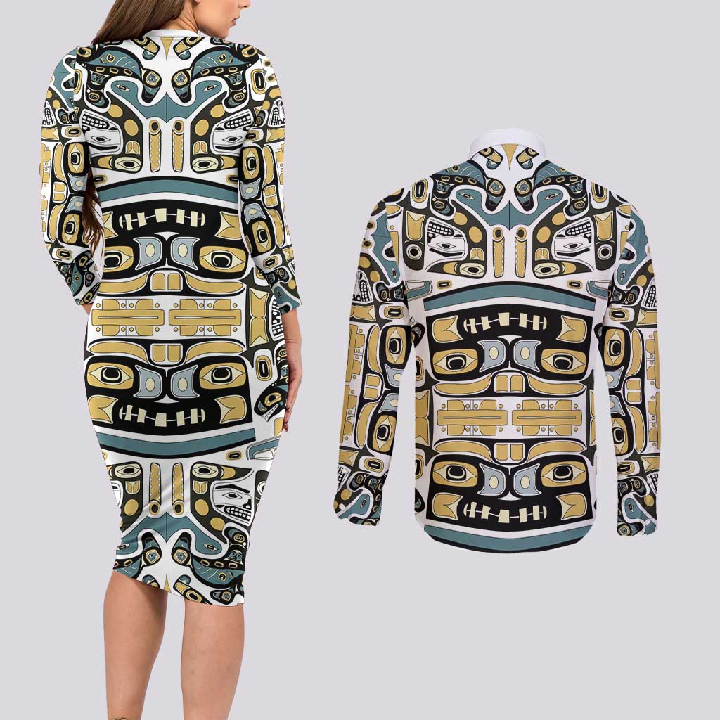Canada Chilkat Pattern Couples Matching Long Sleeve Bodycon Dress and Long Sleeve Button Shirt Haida Spirit