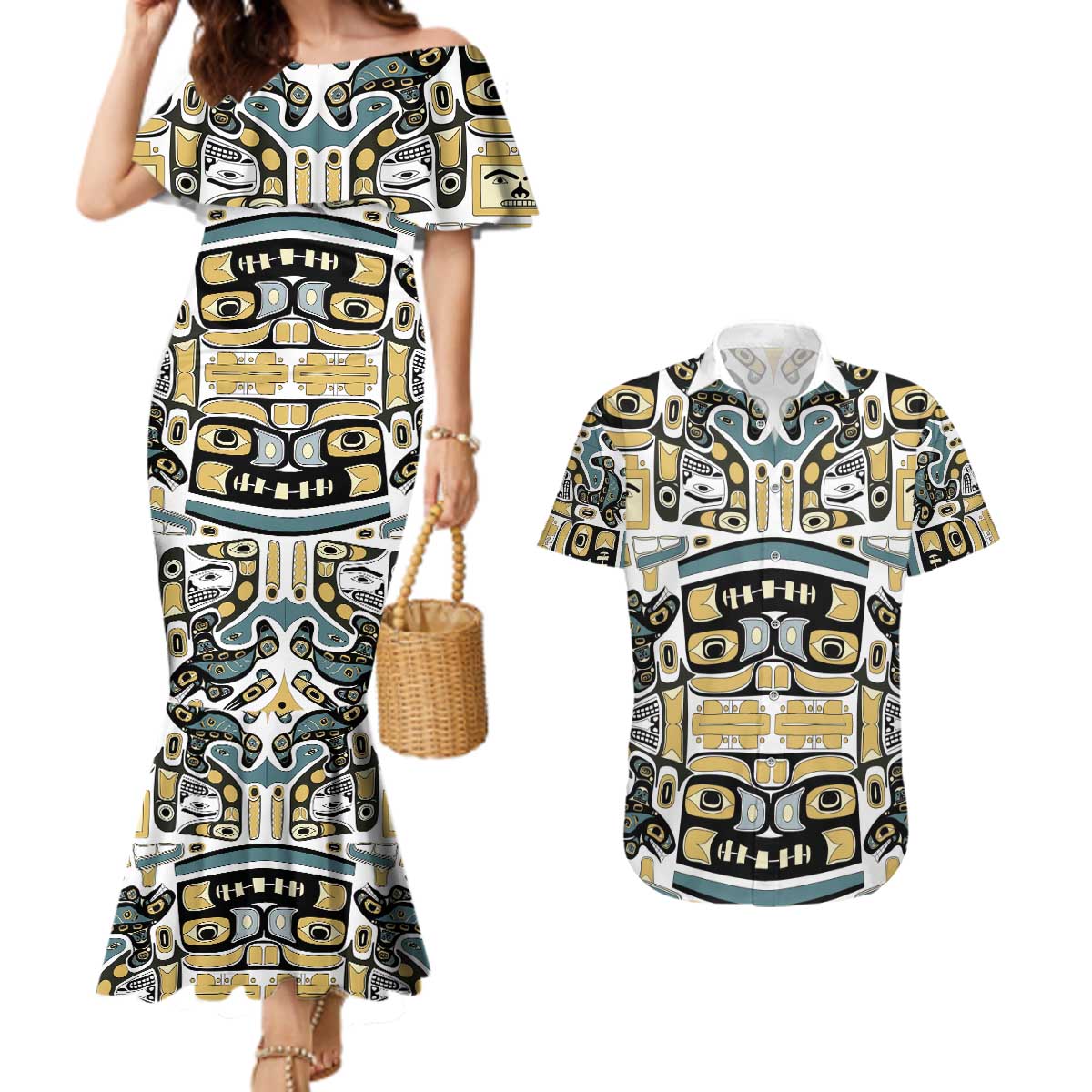 Canada Chilkat Pattern Couples Matching Mermaid Dress and Hawaiian Shirt Haida Spirit