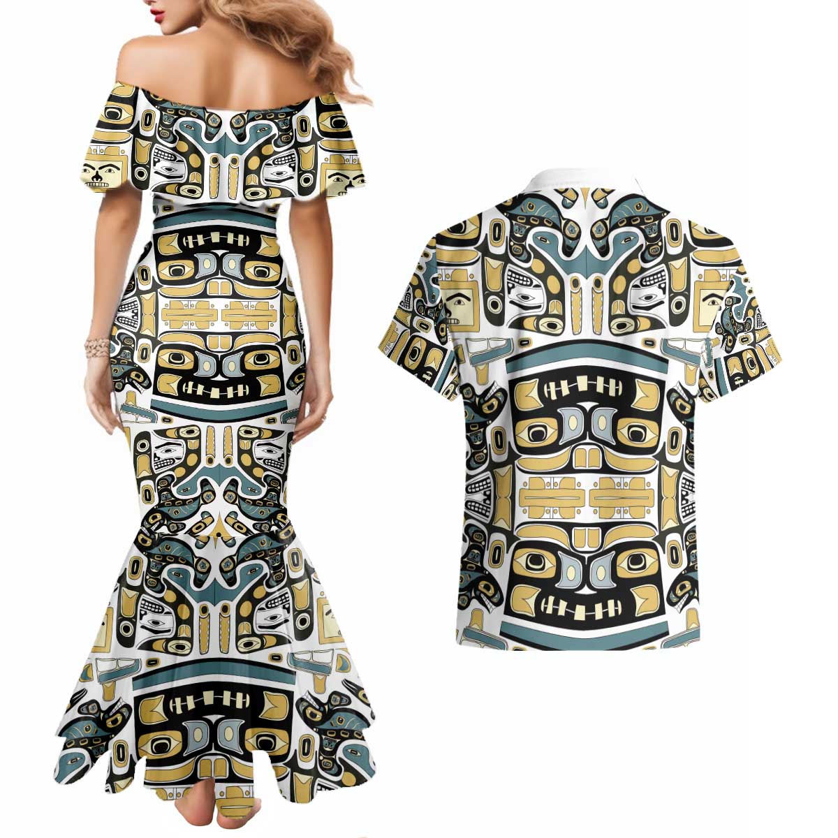 Canada Chilkat Pattern Couples Matching Mermaid Dress and Hawaiian Shirt Haida Spirit