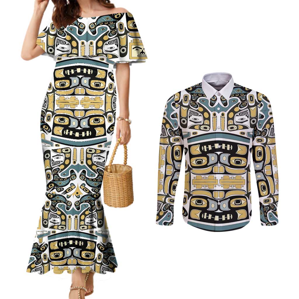 Canada Chilkat Pattern Couples Matching Mermaid Dress and Long Sleeve Button Shirt Haida Spirit