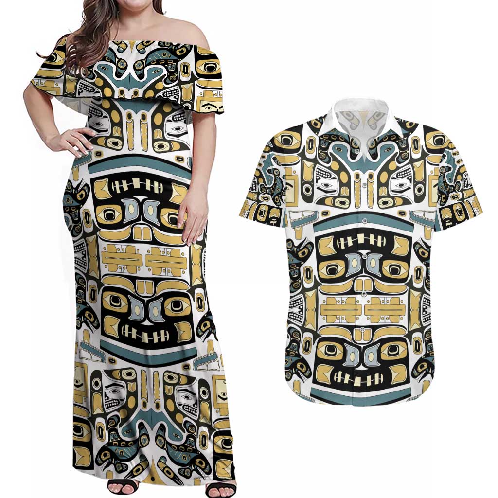 Canada Chilkat Pattern Couples Matching Off Shoulder Maxi Dress and Hawaiian Shirt Haida Spirit