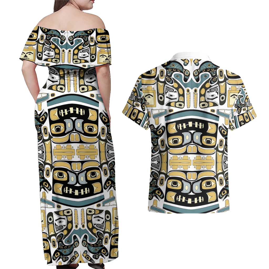 Canada Chilkat Pattern Couples Matching Off Shoulder Maxi Dress and Hawaiian Shirt Haida Spirit
