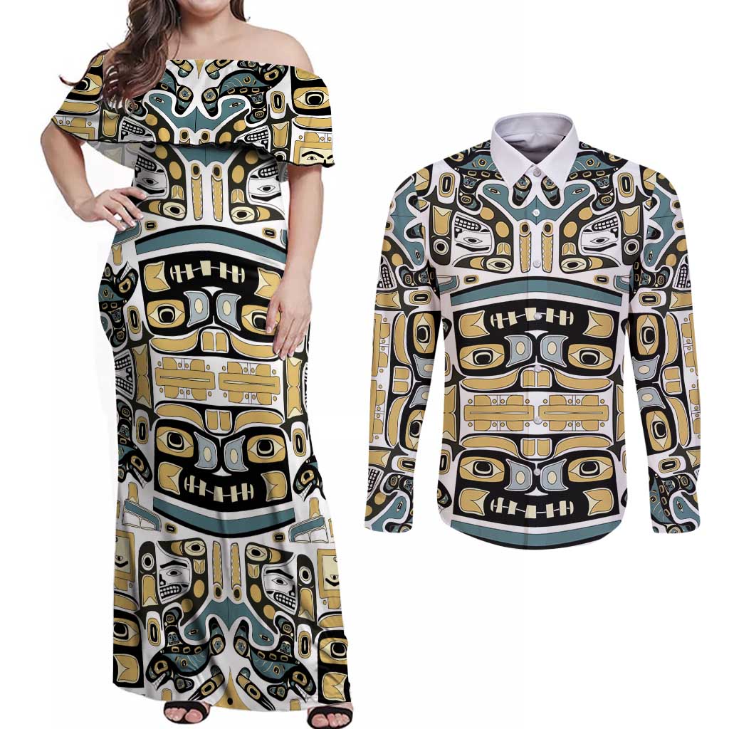 Canada Chilkat Pattern Couples Matching Off Shoulder Maxi Dress and Long Sleeve Button Shirt Haida Spirit