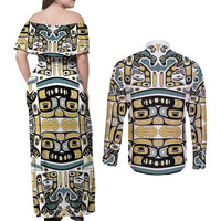Canada Chilkat Pattern Couples Matching Off Shoulder Maxi Dress and Long Sleeve Button Shirt Haida Spirit