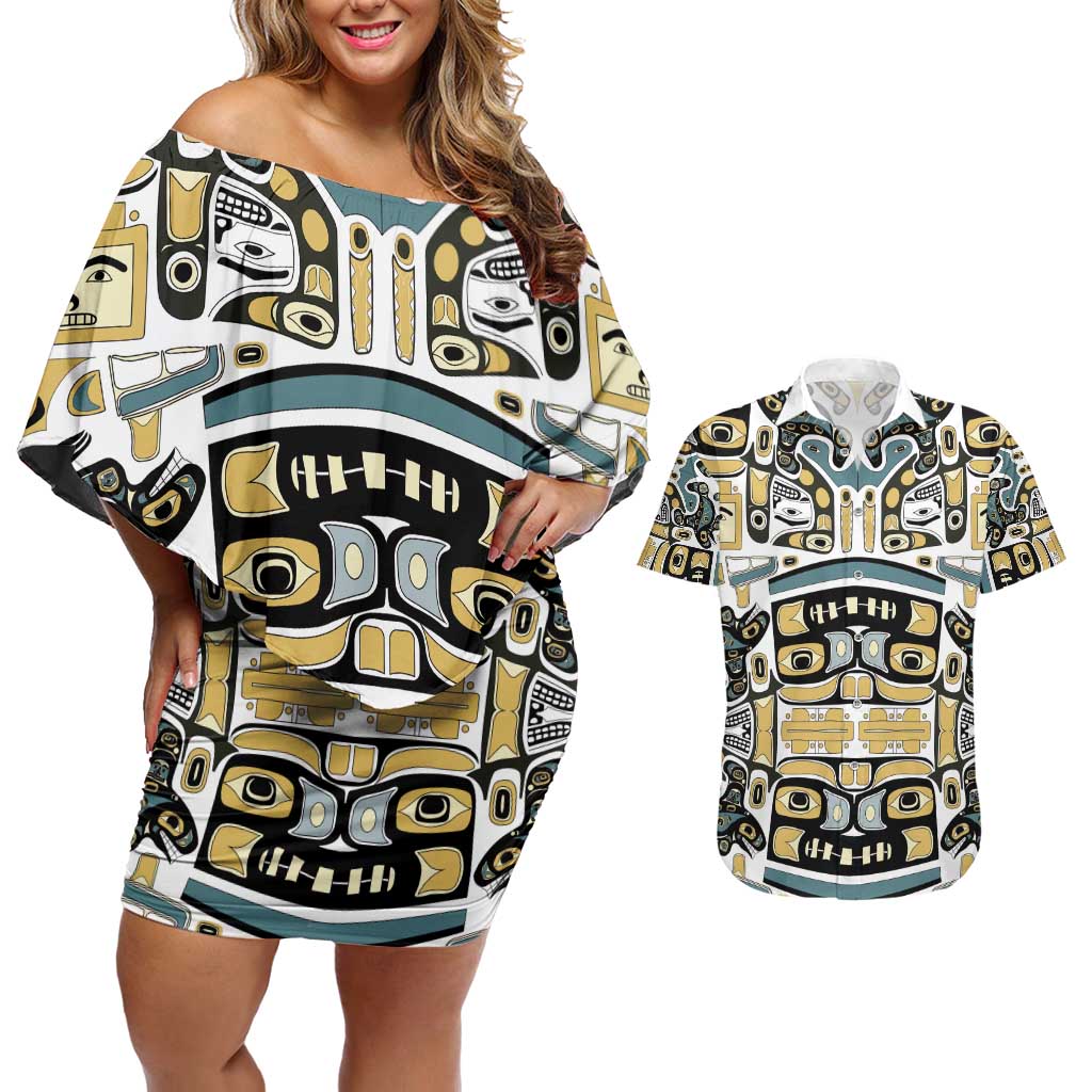 Canada Chilkat Pattern Couples Matching Off Shoulder Short Dress and Hawaiian Shirt Haida Spirit