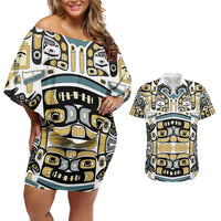 Canada Chilkat Pattern Couples Matching Off Shoulder Short Dress and Hawaiian Shirt Haida Spirit