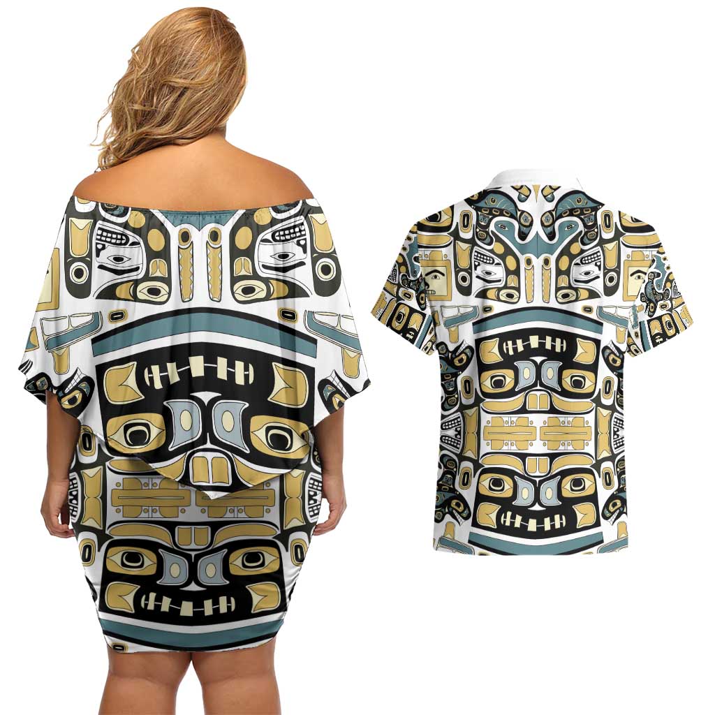 Canada Chilkat Pattern Couples Matching Off Shoulder Short Dress and Hawaiian Shirt Haida Spirit