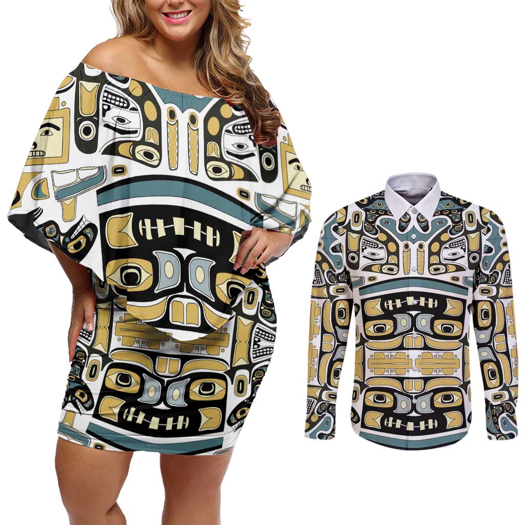 Canada Chilkat Pattern Couples Matching Off Shoulder Short Dress and Long Sleeve Button Shirt Haida Spirit