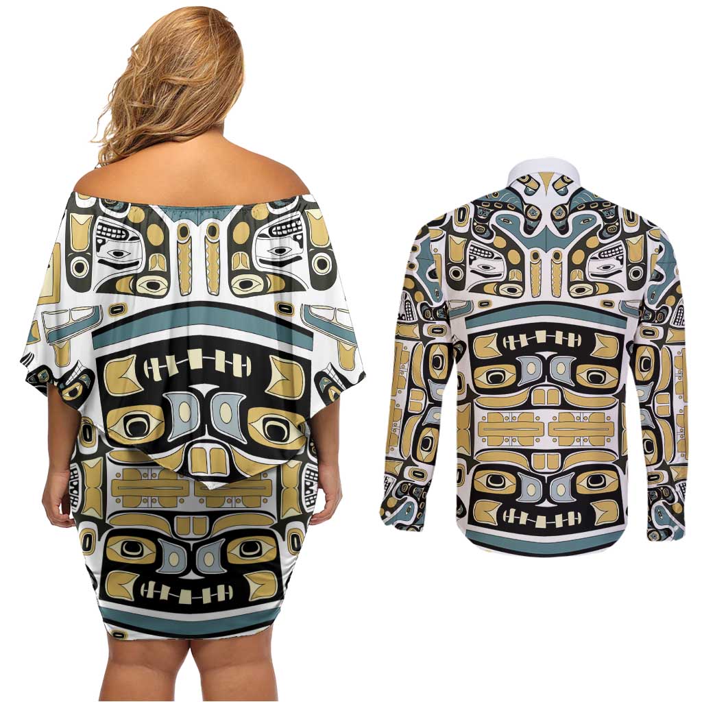 Canada Chilkat Pattern Couples Matching Off Shoulder Short Dress and Long Sleeve Button Shirt Haida Spirit