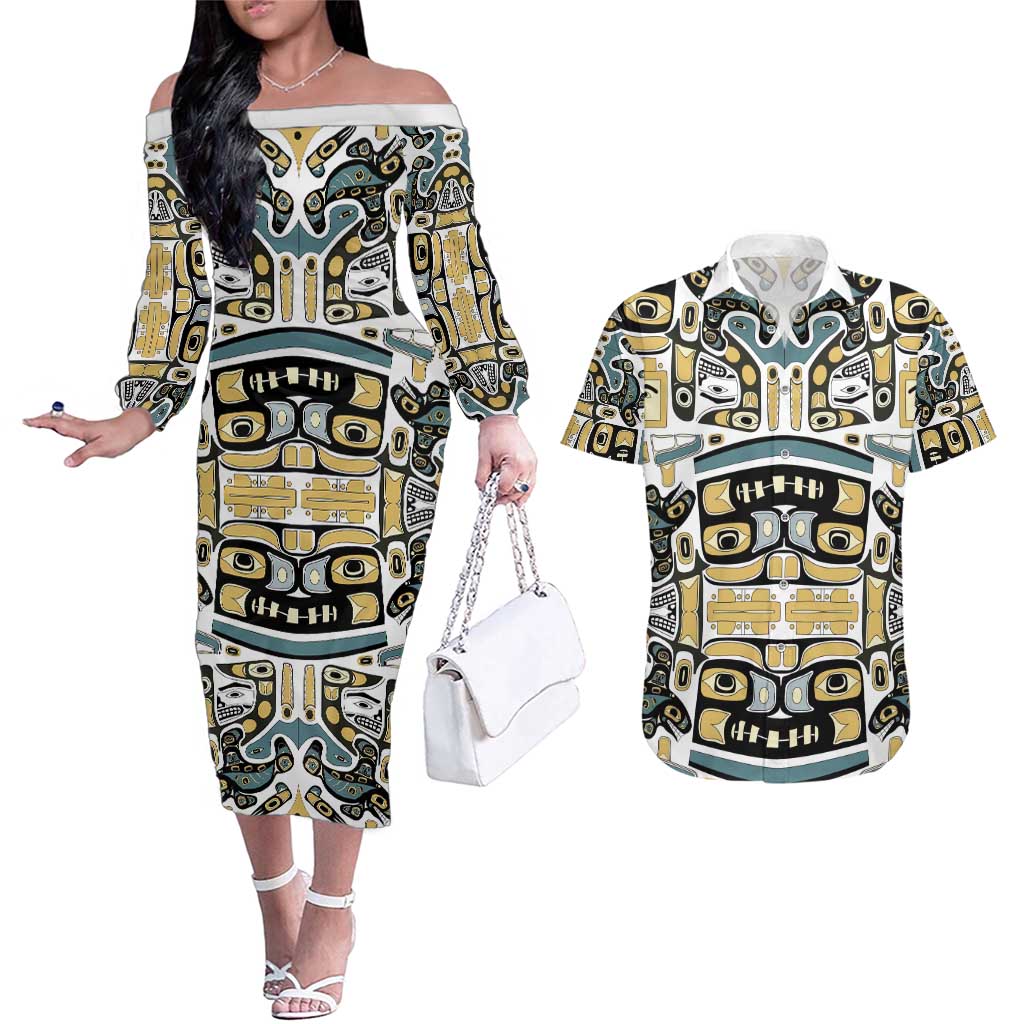 Canada Chilkat Pattern Couples Matching Off The Shoulder Long Sleeve Dress and Hawaiian Shirt Haida Spirit
