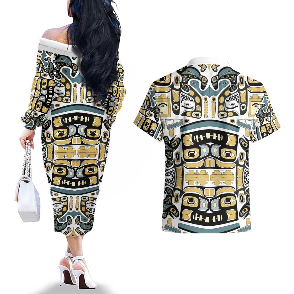 Canada Chilkat Pattern Couples Matching Off The Shoulder Long Sleeve Dress and Hawaiian Shirt Haida Spirit
