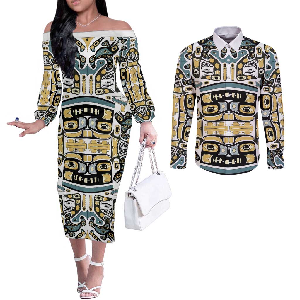 Canada Chilkat Pattern Couples Matching Off The Shoulder Long Sleeve Dress and Long Sleeve Button Shirt Haida Spirit