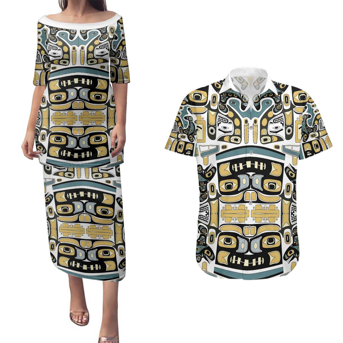 Canada Chilkat Pattern Couples Matching Puletasi and Hawaiian Shirt Haida Spirit