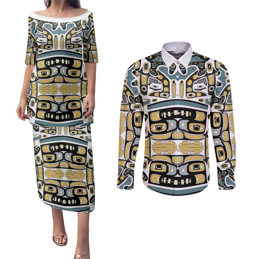 Canada Chilkat Pattern Couples Matching Puletasi and Long Sleeve Button Shirt Haida Spirit