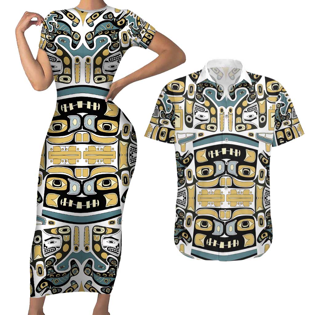 Canada Chilkat Pattern Couples Matching Short Sleeve Bodycon Dress and Hawaiian Shirt Haida Spirit