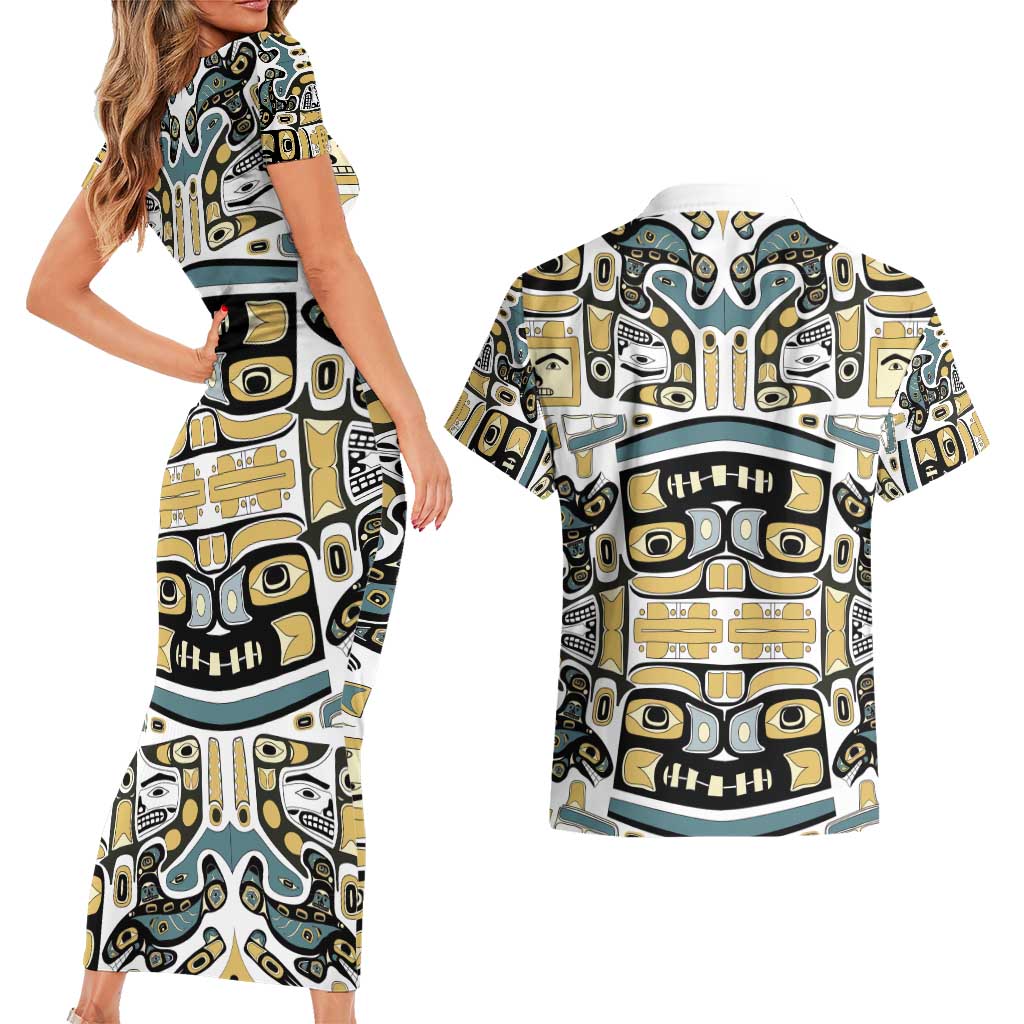 Canada Chilkat Pattern Couples Matching Short Sleeve Bodycon Dress and Hawaiian Shirt Haida Spirit