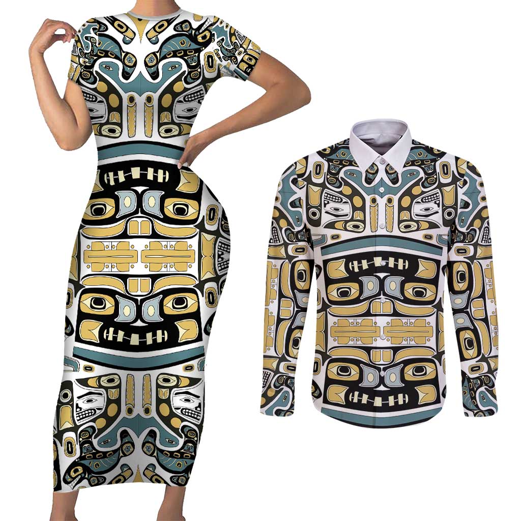 Canada Chilkat Pattern Couples Matching Short Sleeve Bodycon Dress and Long Sleeve Button Shirt Haida Spirit