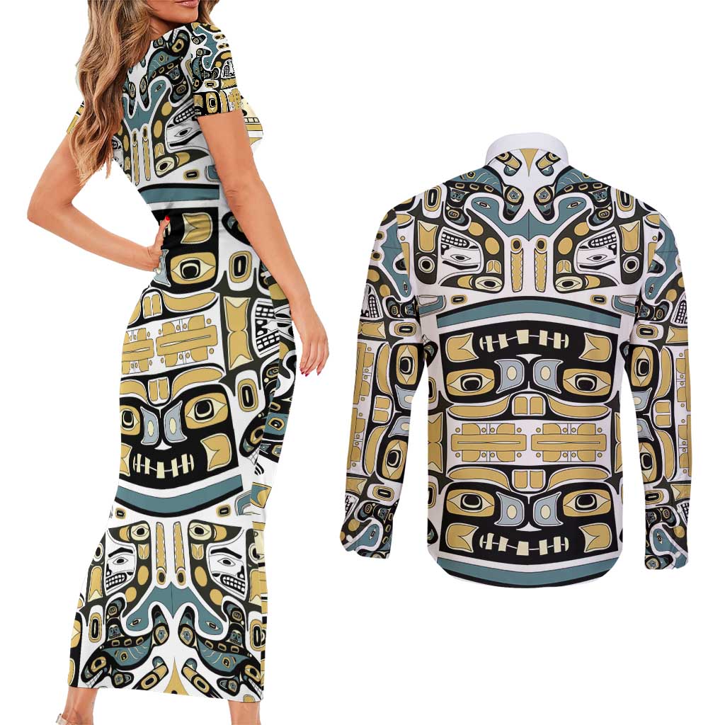 Canada Chilkat Pattern Couples Matching Short Sleeve Bodycon Dress and Long Sleeve Button Shirt Haida Spirit