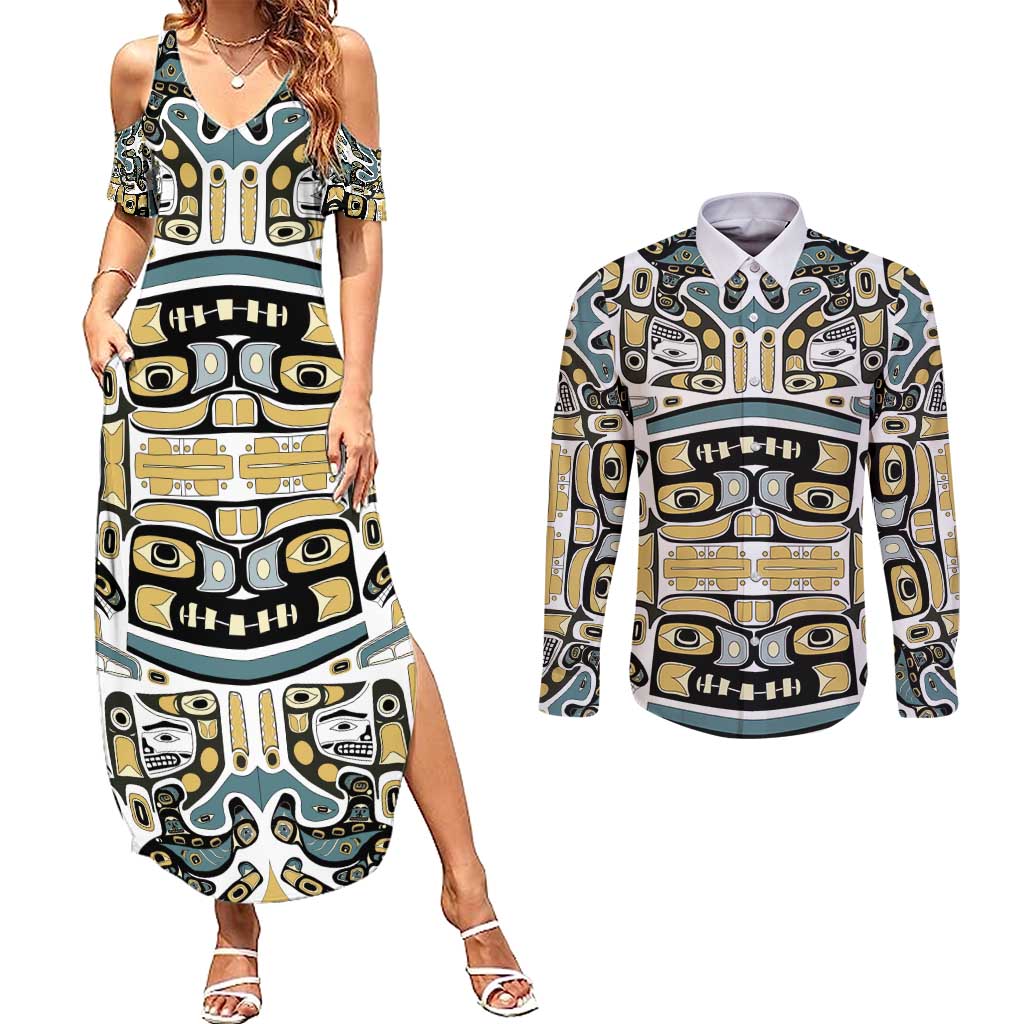 Canada Chilkat Pattern Couples Matching Summer Maxi Dress and Long Sleeve Button Shirt Haida Spirit