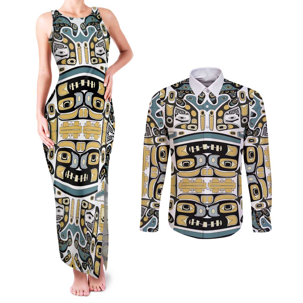 Canada Chilkat Pattern Couples Matching Tank Maxi Dress and Long Sleeve Button Shirt Haida Spirit