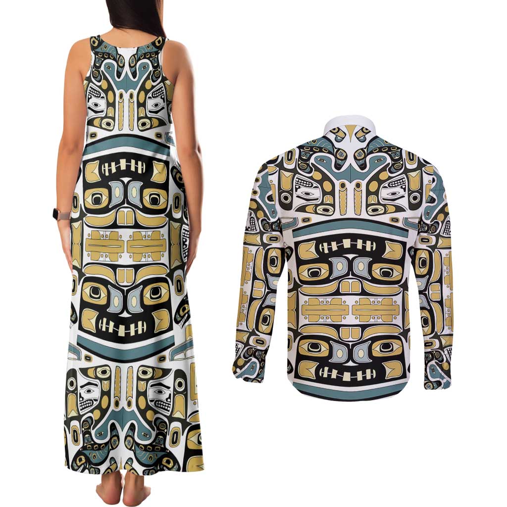 Canada Chilkat Pattern Couples Matching Tank Maxi Dress and Long Sleeve Button Shirt Haida Spirit