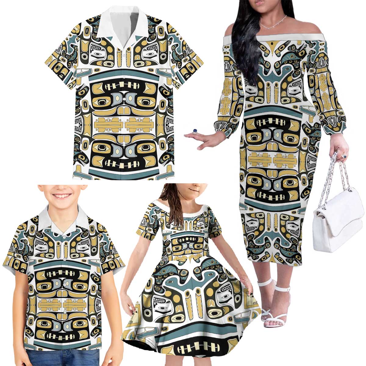 Canada Chilkat Pattern Family Matching Off The Shoulder Long Sleeve Dress and Hawaiian Shirt Haida Spirit