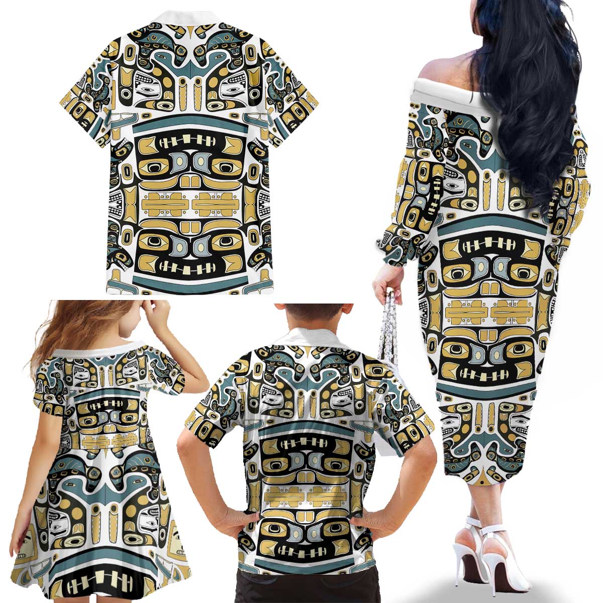 Canada Chilkat Pattern Family Matching Off The Shoulder Long Sleeve Dress and Hawaiian Shirt Haida Spirit