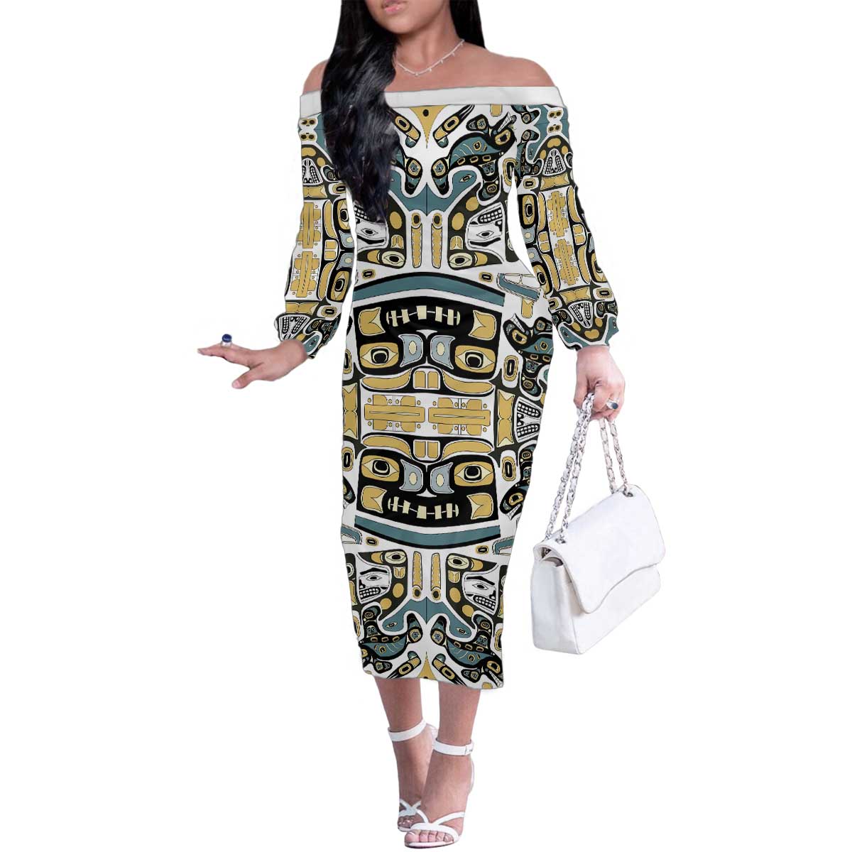 Canada Chilkat Pattern Family Matching Off The Shoulder Long Sleeve Dress and Hawaiian Shirt Haida Spirit