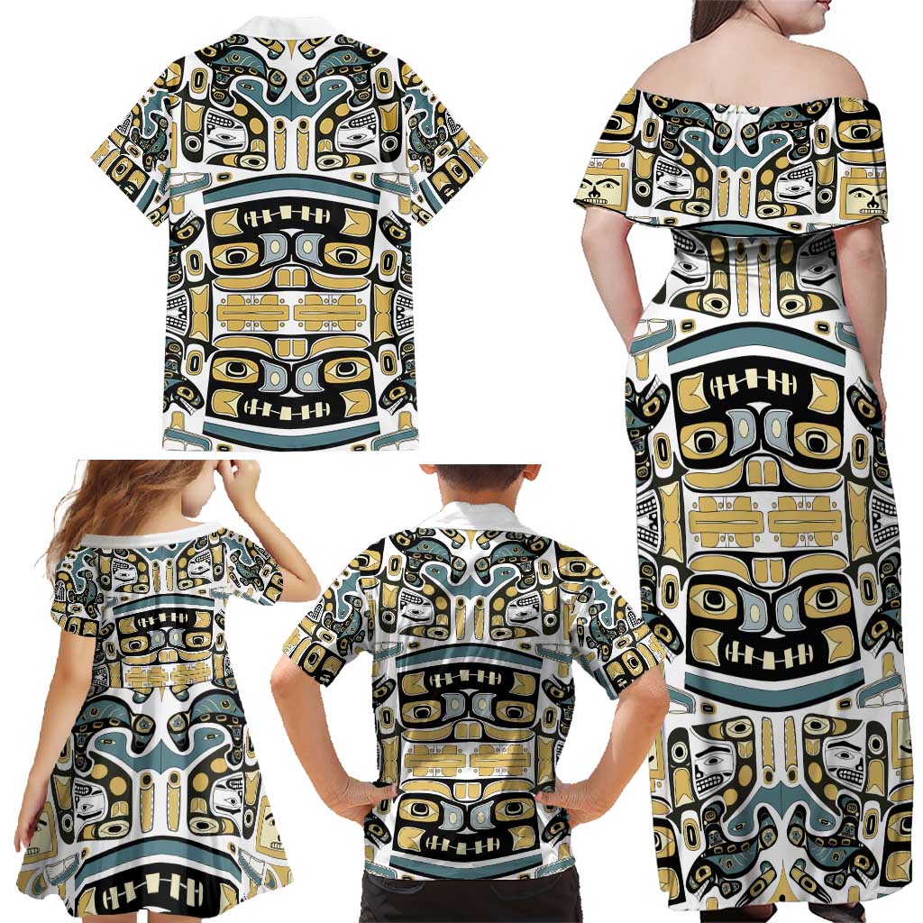 Canada Chilkat Pattern Family Matching Off Shoulder Maxi Dress and Hawaiian Shirt Haida Spirit