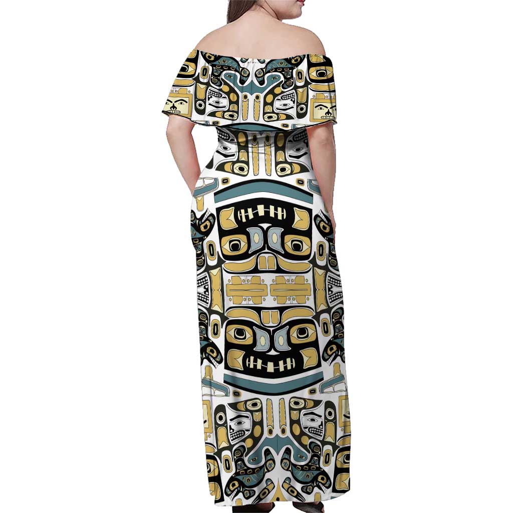 Canada Chilkat Pattern Family Matching Off Shoulder Maxi Dress and Hawaiian Shirt Haida Spirit