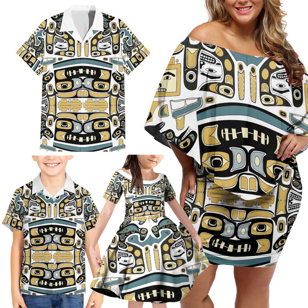 Canada Chilkat Pattern Family Matching Off Shoulder Short Dress and Hawaiian Shirt Haida Spirit