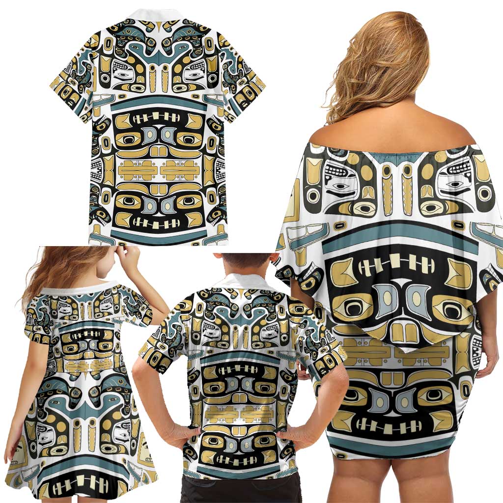 Canada Chilkat Pattern Family Matching Off Shoulder Short Dress and Hawaiian Shirt Haida Spirit