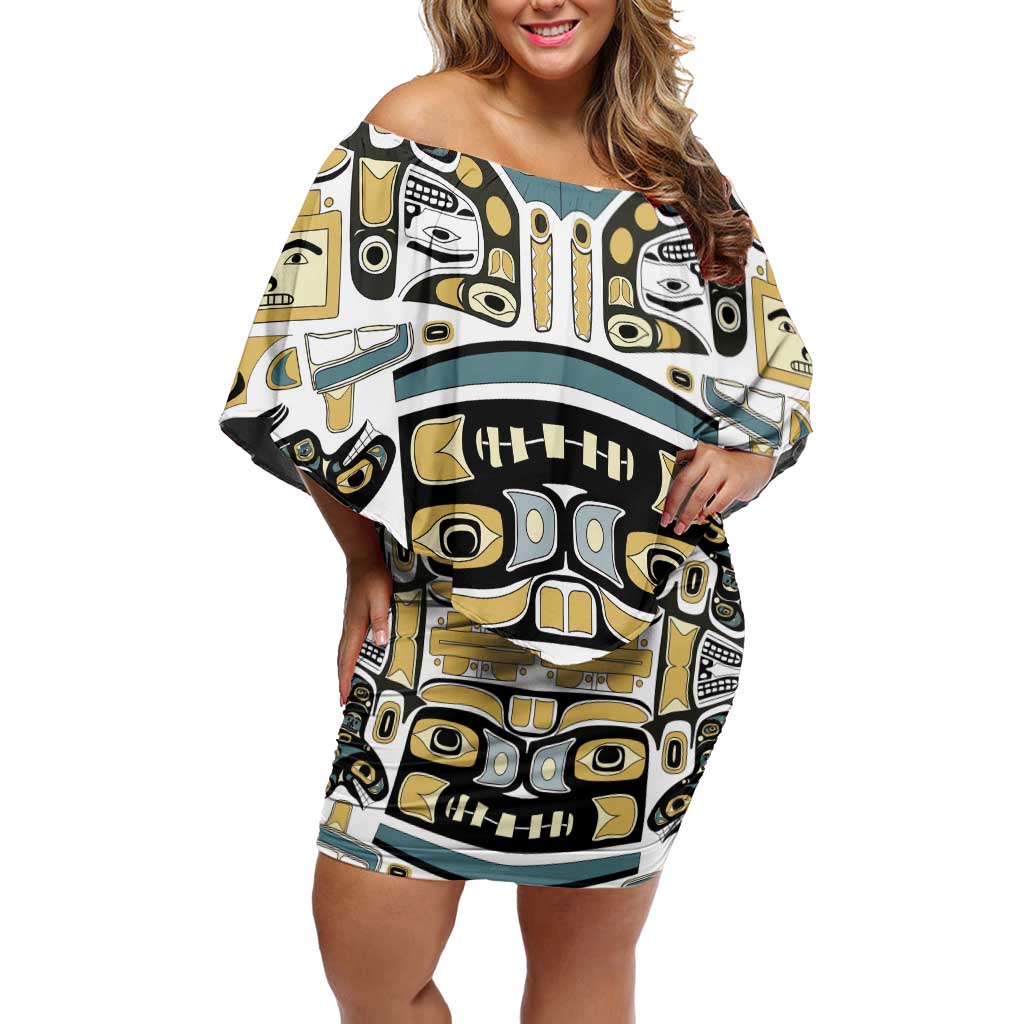Canada Chilkat Pattern Family Matching Off Shoulder Short Dress and Hawaiian Shirt Haida Spirit