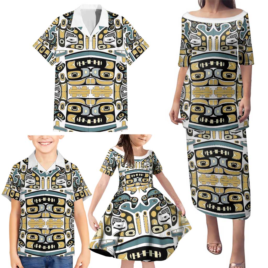Canada Chilkat Pattern Family Matching Puletasi and Hawaiian Shirt Haida Spirit
