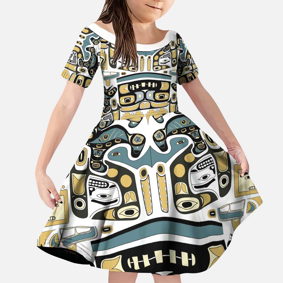 Canada Chilkat Pattern Kid Short Sleeve Dress Haida Spirit