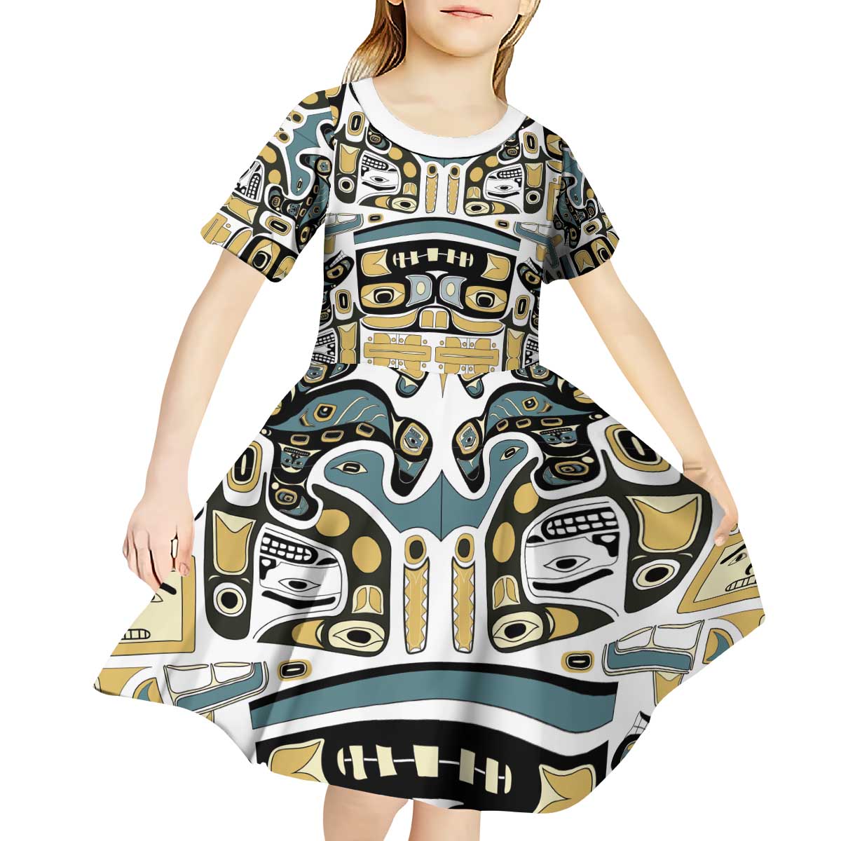 Canada Chilkat Pattern Kid Short Sleeve Dress Haida Spirit