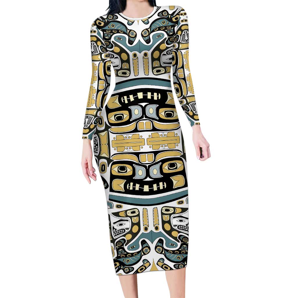 Canada Chilkat Pattern Long Sleeve Bodycon Dress Haida Spirit