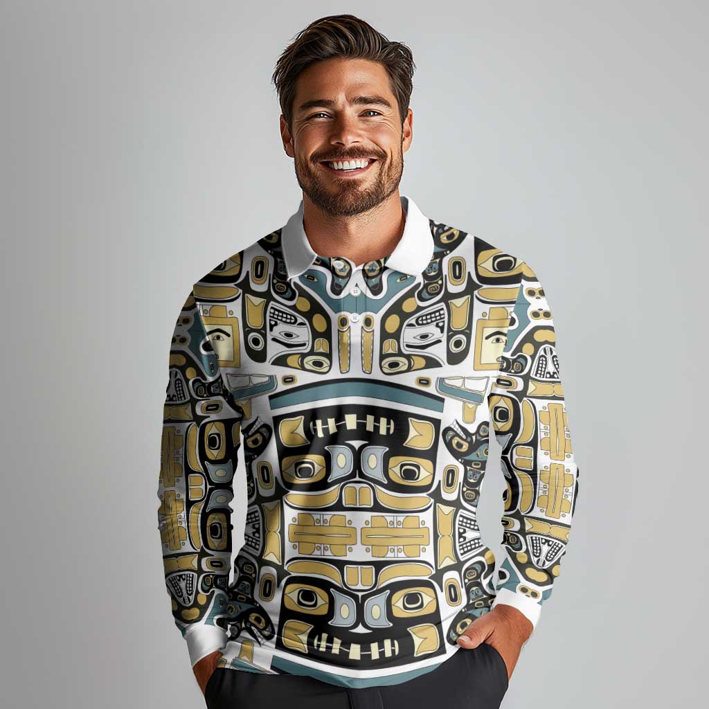 Canada Chilkat Pattern Long Sleeve Polo Shirt Haida Spirit
