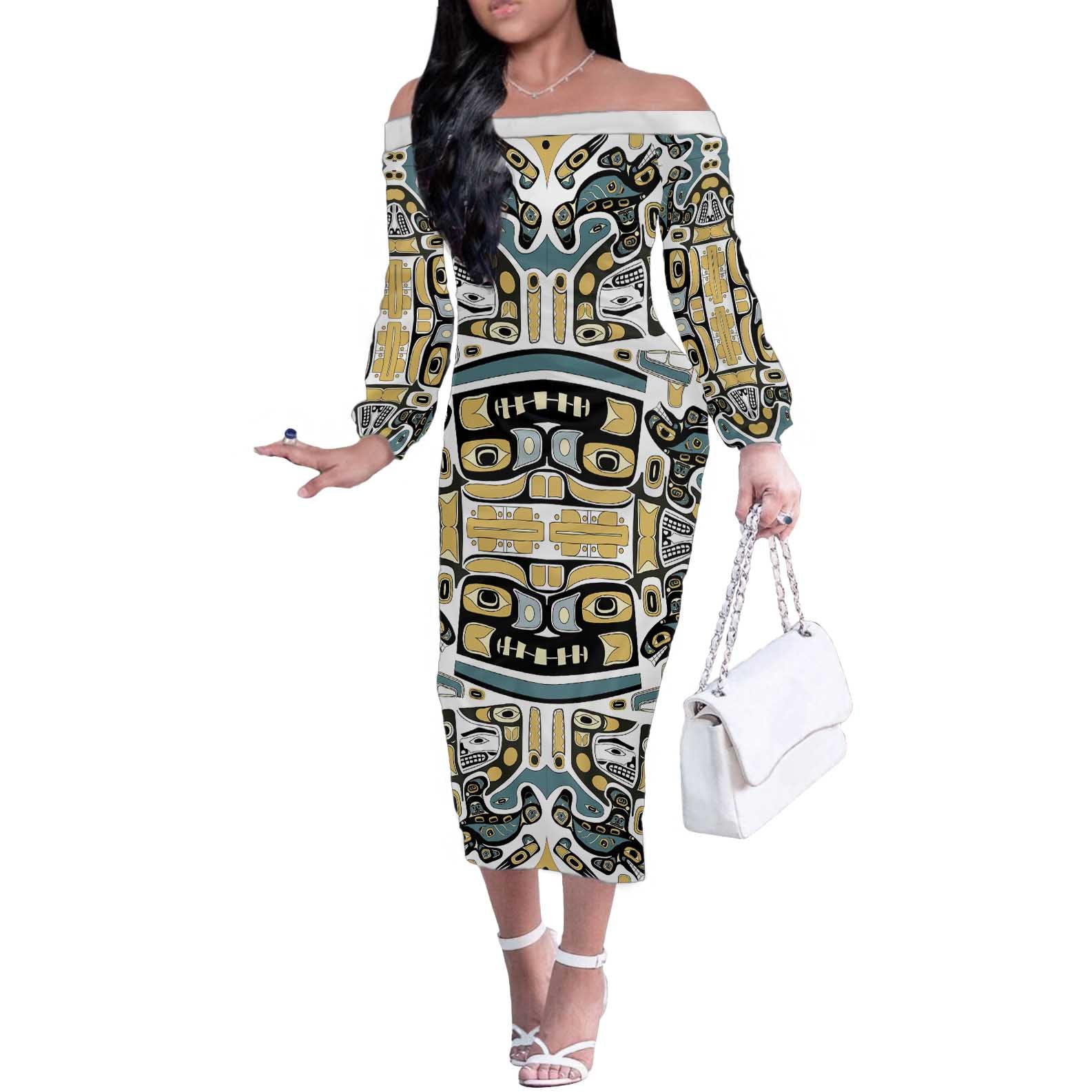 Canada Chilkat Pattern Off The Shoulder Long Sleeve Dress Haida Spirit