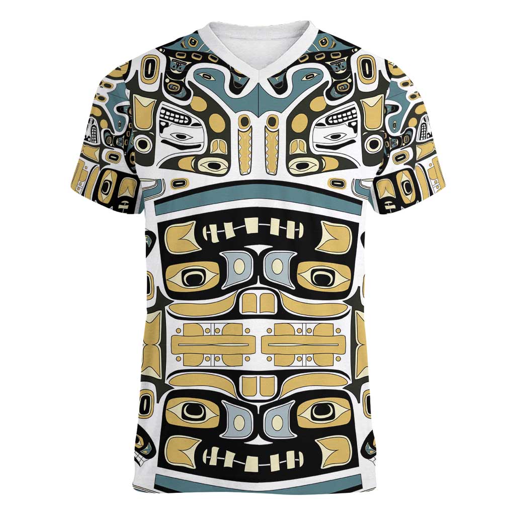 Canada Chilkat Pattern Women V-Neck T-Shirt Haida Spirit