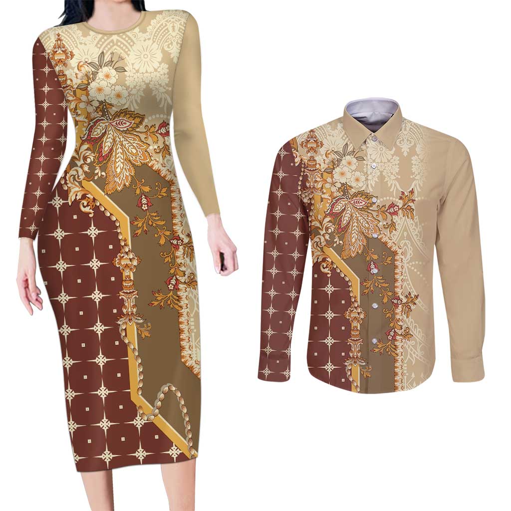 Mughal Empire Motif Unique Couples Matching Long Sleeve Bodycon Dress and Long Sleeve Button Shirt