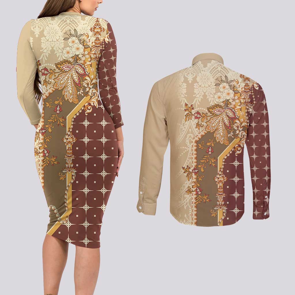 Mughal Empire Motif Unique Couples Matching Long Sleeve Bodycon Dress and Long Sleeve Button Shirt