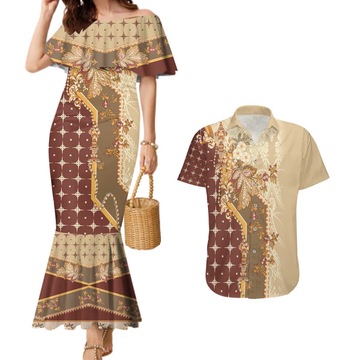 Mughal Empire Motif Unique Couples Matching Mermaid Dress and Hawaiian Shirt