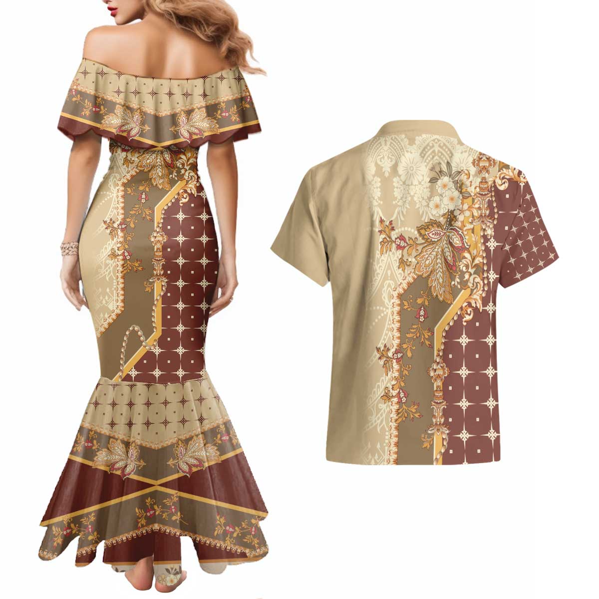 Mughal Empire Motif Unique Couples Matching Mermaid Dress and Hawaiian Shirt
