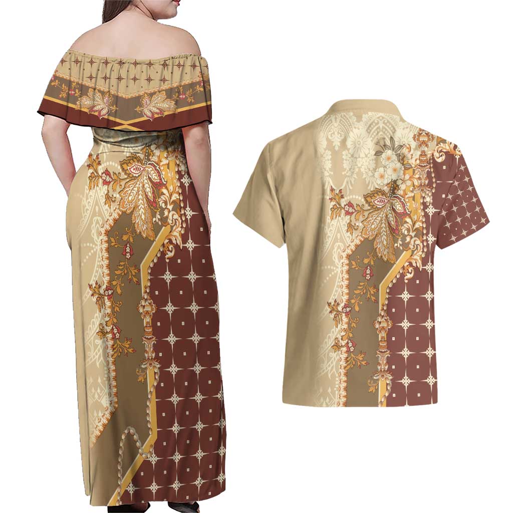Mughal Empire Motif Unique Couples Matching Off Shoulder Maxi Dress and Hawaiian Shirt