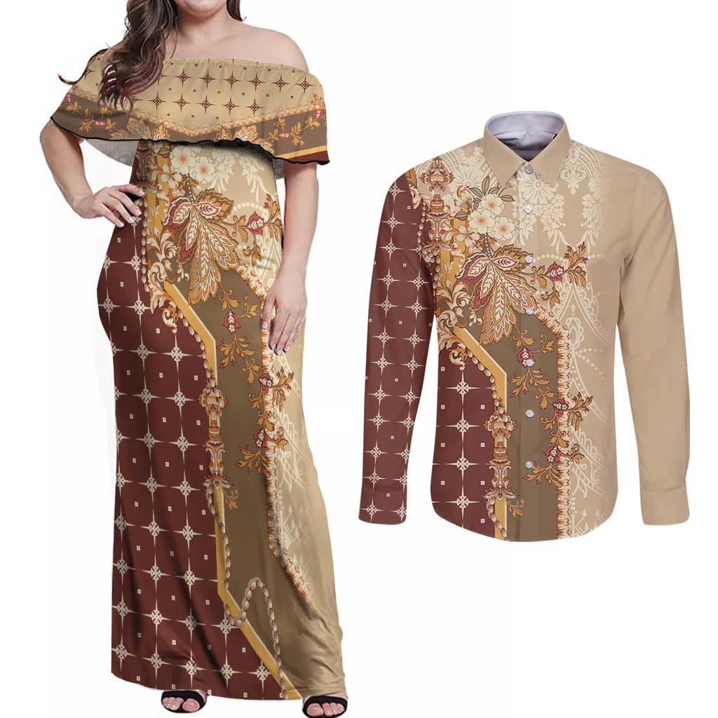 Mughal Empire Motif Unique Couples Matching Off Shoulder Maxi Dress and Long Sleeve Button Shirt